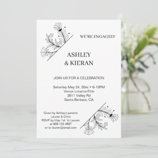 Elegant Floral Engagement Party Kaart (Staand voorkant)