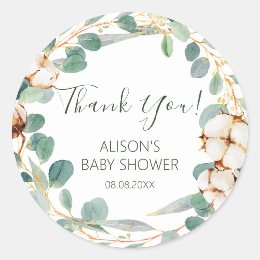 Elegant Floral Eucalyptus Greenery Baby shower Ronde Sticker (Voorkant)