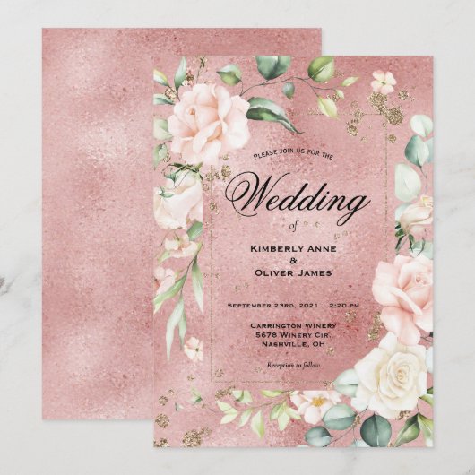 Elegant Floral Eucalyptus Pink Metallic Wedding Kaart (Voorkant / Achterkant)