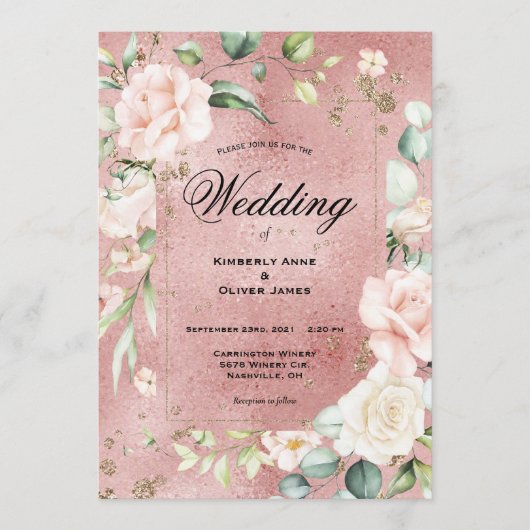 Elegant Floral Eucalyptus Pink Metallic Wedding Kaart (Voorkant)