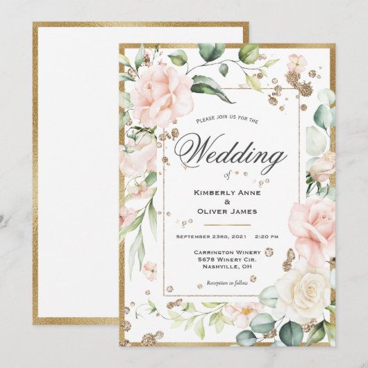 Elegant Floral Eucalyptus Waterverf Roze bruiloft Kaart (Voorkant / Achterkant)
