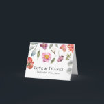 Elegant Floral Eucalyptus Wedding Bedankkaart<br><div class="desc">Elegant Floral Eucalyptus Wedding Hartelijk dank voor uw speciale gelegenheid! Waterverf florale en bladbladergrens met roze en paarse rozen, rode pansiesbloemen, witte magnolia, zoete macaron en eucalyptus bladeren lijsten bovenaan uw dankjewel. Pas je nieuwe namen aan die je in het moderne lettertype onderaan hebt weergegeven, en open binnenin om een...</div>