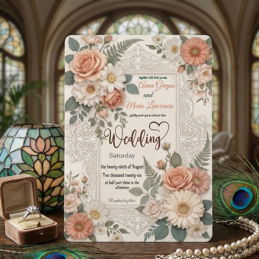 Elegant Floral Faux Embossed Wedding Invitation Kaart