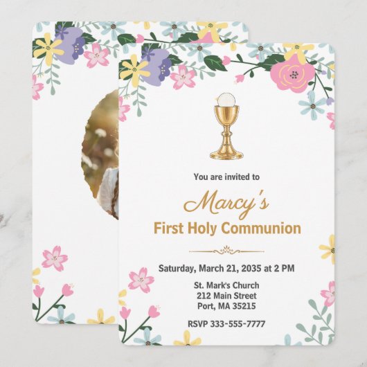 Elegant Floral First Holy Communion Photo  Kaart (Voorkant / Achterkant)