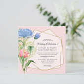 Elegant Floral Foliage Dusty Blue Pink Wedding Kaart (Staand voorkant)