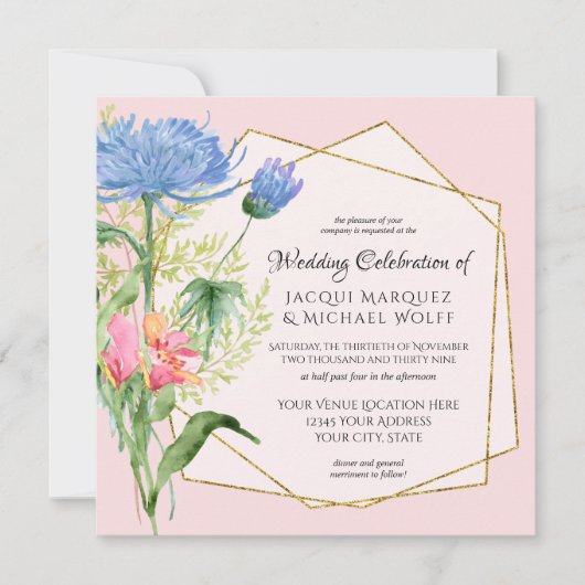 Elegant Floral Foliage Dusty Blue Pink Wedding Kaart (Voorkant)