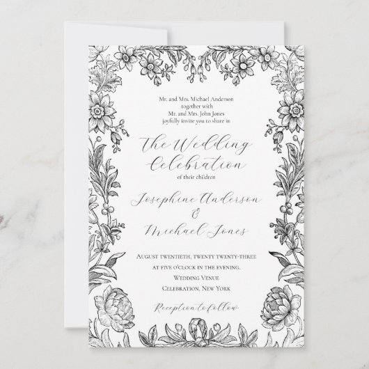 Elegant Floral Formal Botanical Wedding Invitation Kaart (Voorkant)