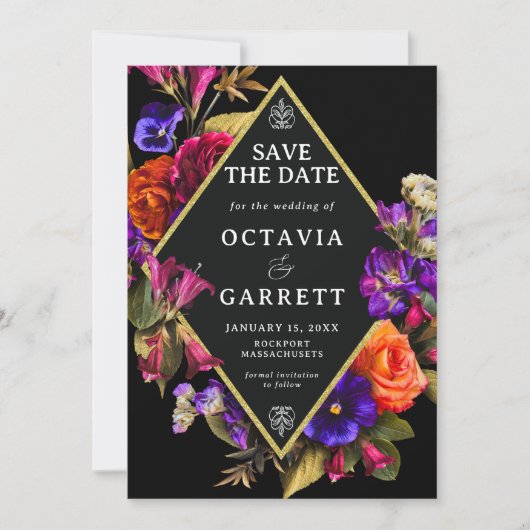 Elegant Floral Formal Paars Rood Sinaasappel Save The Date (Voorkant)