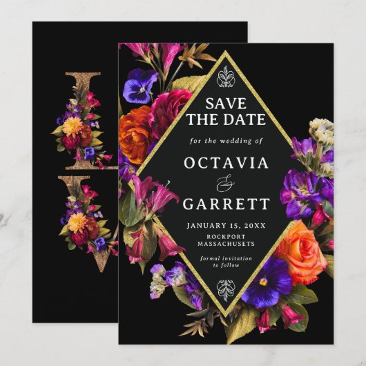Elegant Floral Formal Paars Rood Sinaasappel Save The Date (Voorkant / Achterkant)