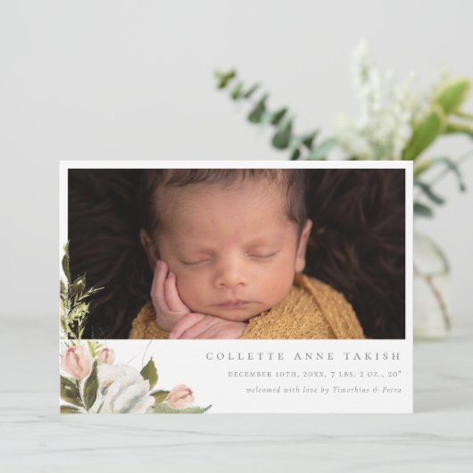 Elegant Floral Foto geboorteaankondiging (Staand voorkant)