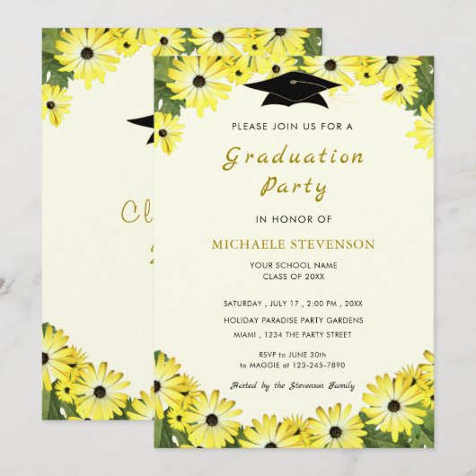 Elegant Floral Fresh Afstudeerder Party Invitation (Voorkant / Achterkant)