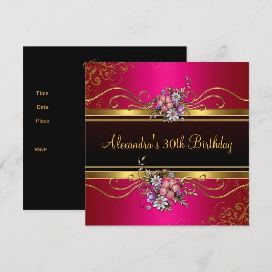Elegant Floral Fuchsia Pink Gold Jewel Birthday Kaart (Voorkant / Achterkant)