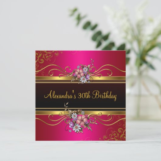 Elegant Floral Fuchsia Pink Gold Jewel Birthday Kaart (Staand voorkant)