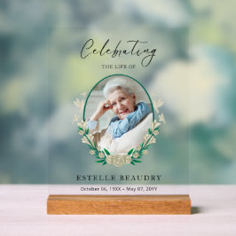 Elegant Floral Funeral Celebration of life Photo   Acryl Bord