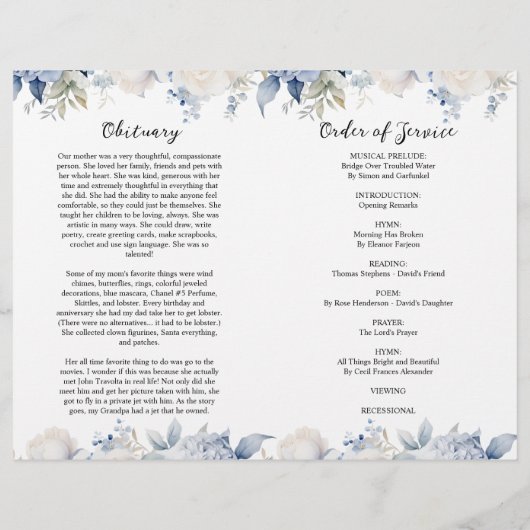 Elegant Floral Funeral Program | Order of Service (Achterkant)