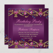 Elegant Floral Gem Paars/Black Birthday Invite Kaart (Voorkant / Achterkant)