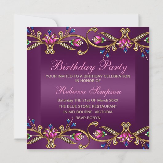 Elegant Floral Gem Paars/Black Birthday Invite Kaart (Voorkant)