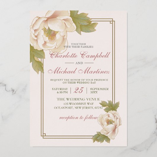 Elegant Floral Gentle Pink Peonies Wedding Invitat Folie Uitnodiging (Voorkant)