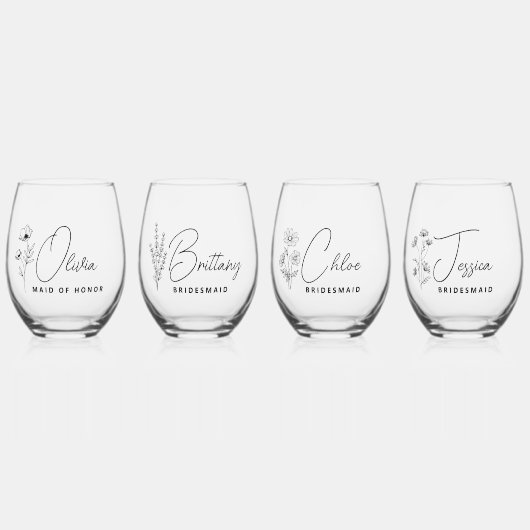 Elegant Floral gepersonaliseerd bruidsmeisje voors Wijnglas Zonder Voet (Voorkant)