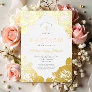 Elegant Floral Girl Baptism Gold Foil Invitation Folie Uitnodiging
