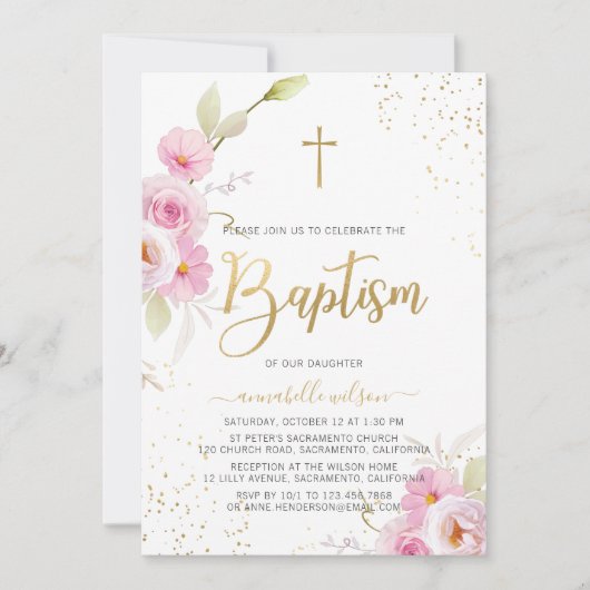 Elegant Floral Girl Baptism Kaart (Voorkant)