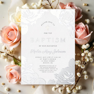 Elegant Floral Girl Baptism Silver Foil Folie Uitnodiging