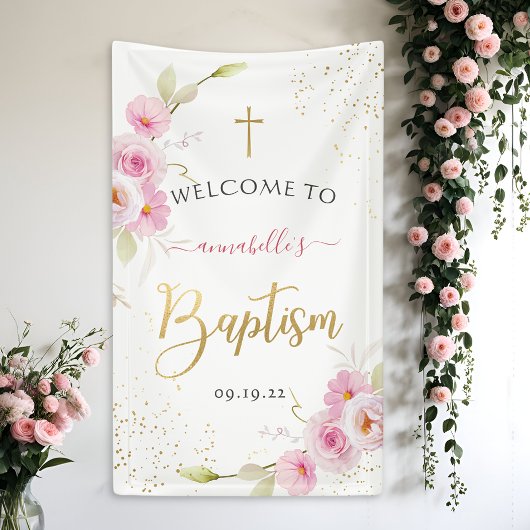 Elegant Floral Girl Baptism Welkom Spandoek