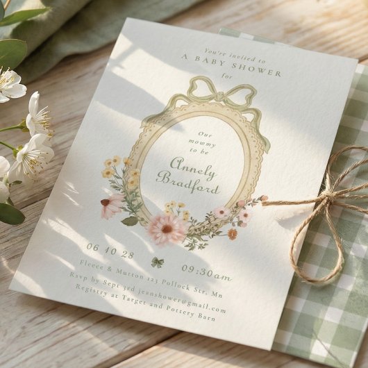 Elegant Floral Girl Sage Bow Framed Baby Shower Kaart
