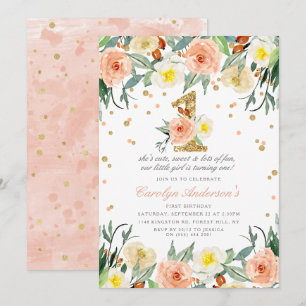 Elegant Floral Girls 1e verjaardag Uitnodigingen