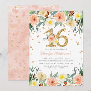 Elegant Floral Girls Sweet 16 Birthday Invitations Kaart