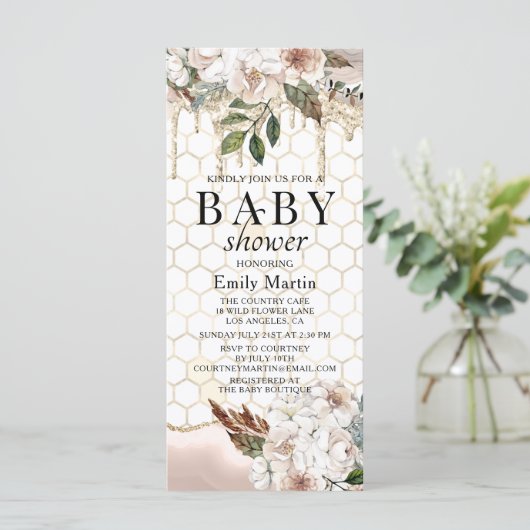 Elegant Floral Glitter Drip Marble Baby shower (Staand voorkant)