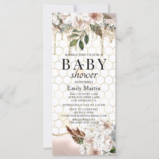Elegant Floral Glitter Drip Marble Baby shower (Voorkant)