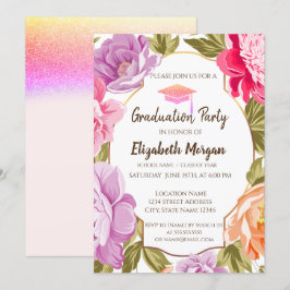 Elegant Floral, Glitter Graduation Cap Kaart