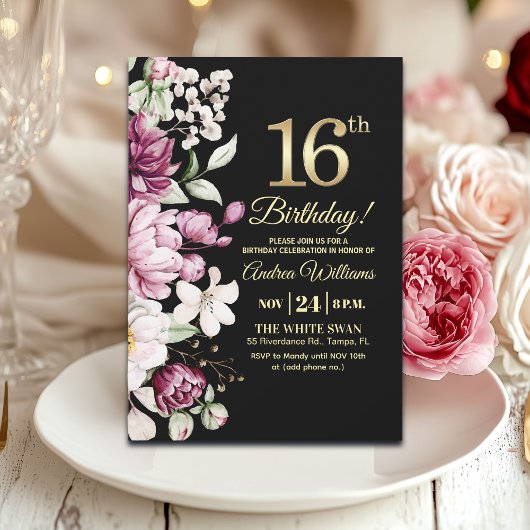 Elegant Floral Gold 16 Birthday Party Kaart