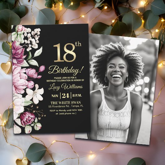 Elegant Floral Gold 18 Birthday Photo Kaart