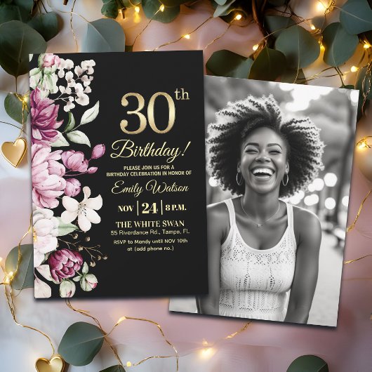 Elegant Floral Gold 30 Birthday Photo Kaart