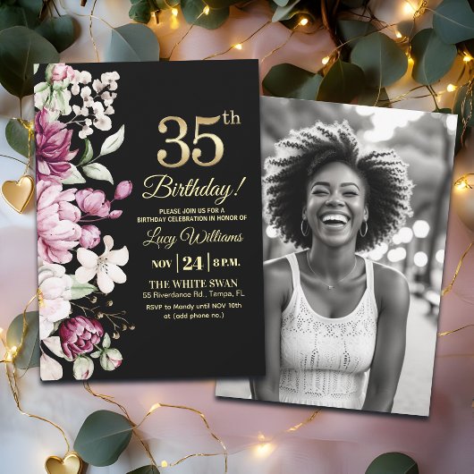 Elegant Floral Gold 35 Birthday Photo Kaart