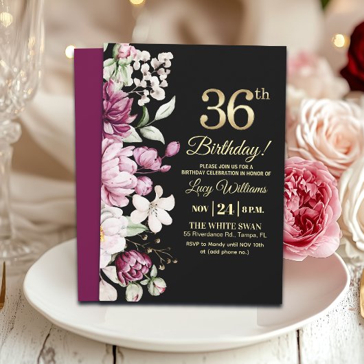 Elegant Floral Gold 36 Birthday Party Kaart