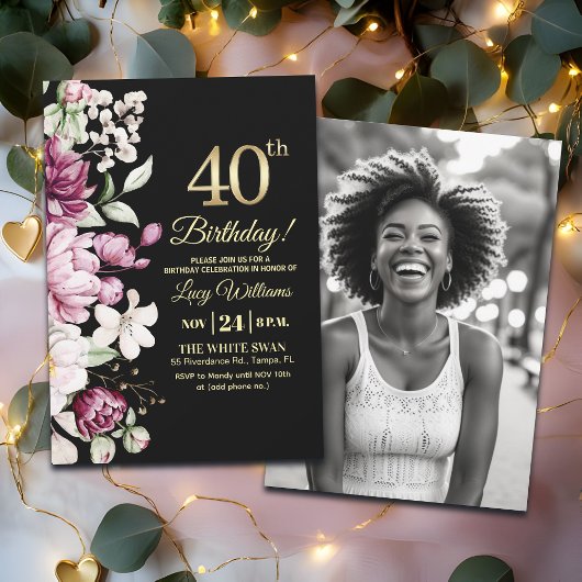 Elegant Floral Gold 40 Birthday Photo Kaart