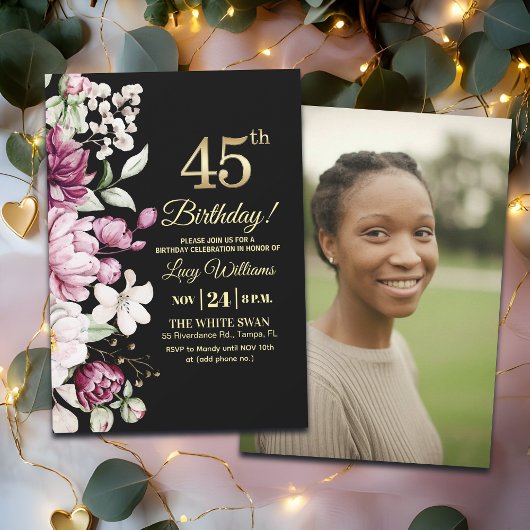 Elegant Floral Gold 45 Birthday Photo Kaart