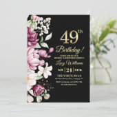Elegant Floral Gold 49 Birthday Party Kaart (Staand voorkant)