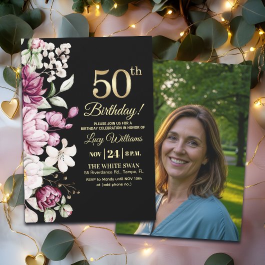 Elegant Floral Gold 50 Birthday Photo Kaart
