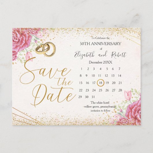 Elegant Floral Gold 50e Jubileum Save the Date Aankondigingskaart (Voorkant)