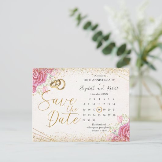 Elegant Floral Gold 50e Jubileum Save the Date Aankondigingskaart (Staand voorkant)