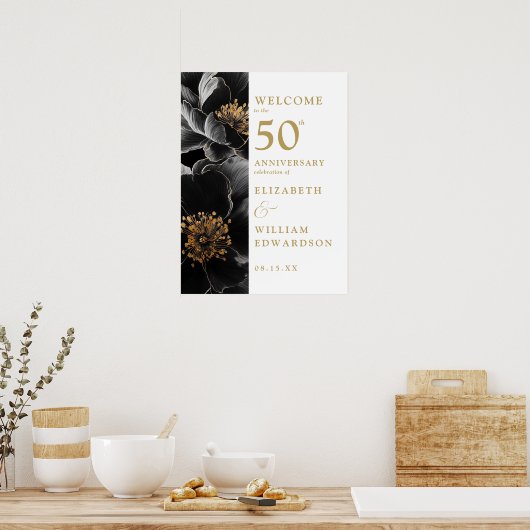 Elegant Floral Gold 50e Jubileum Welkomstbord Poster (Keuken)