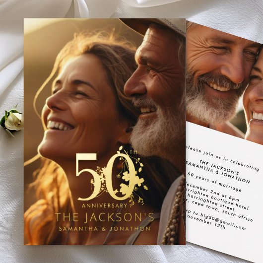 Elegant Floral Gold 50th Photo Wedding Anniversary Folie Uitnodiging
