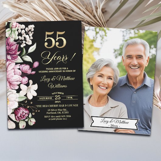 Elegant Floral Gold 55th Wedding Anniversary Photo Kaart