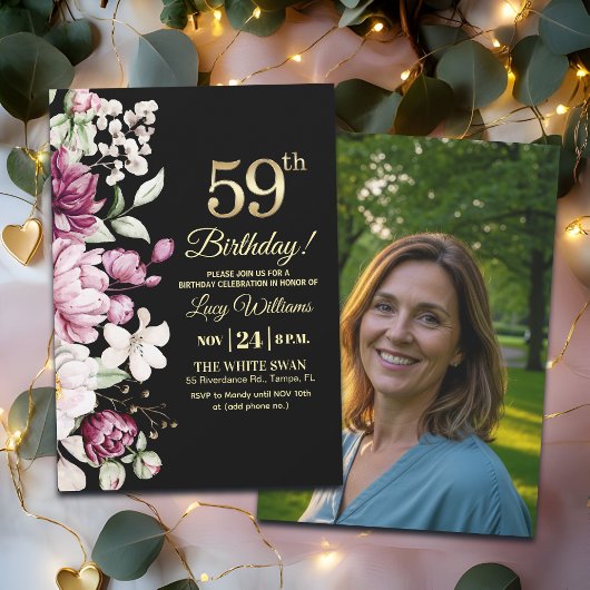 Elegant Floral Gold 59 Birthday Photo Kaart