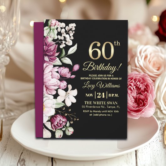 Elegant Floral Gold 60 Birthday Party Kaart