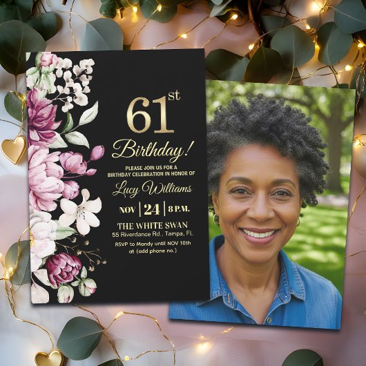 Elegant Floral Gold 61 Birthday Photo Kaart